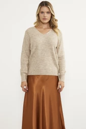 Petek Örgü V Yaka Triko Kazak - Bej thumbnail 1