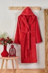 Pamuklu Kadife Kapüşonlu Unisex Bornoz - 9