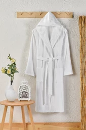 Pamuklu Kadife Kapüşonlu Unisex Bornoz - 6