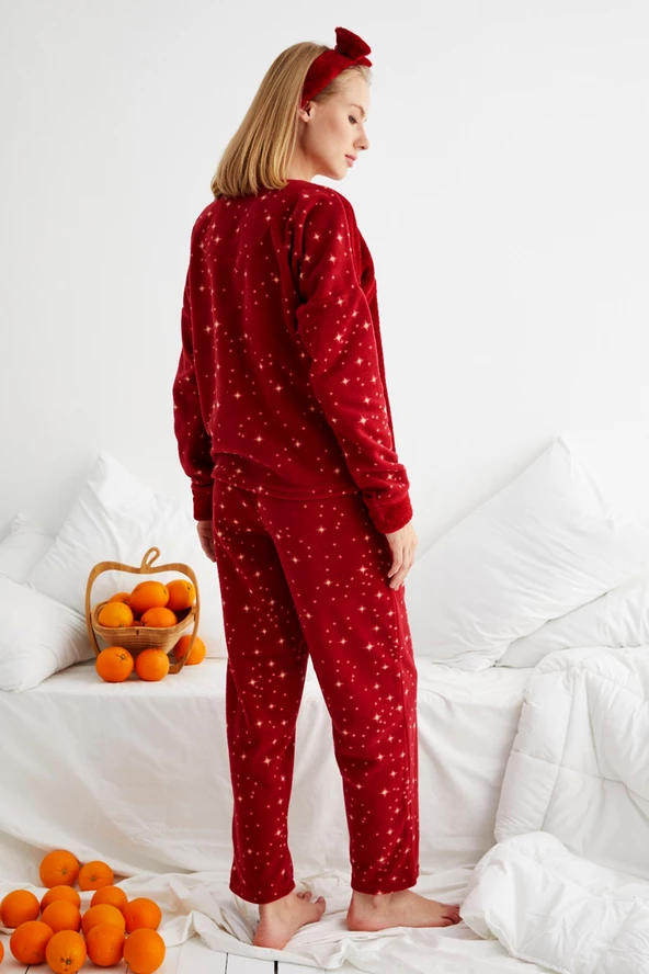 Nisanca Kışlık Polar Yılbaşı Kadın Pijama Takımı- Saç Bandı Hediyeli - 3