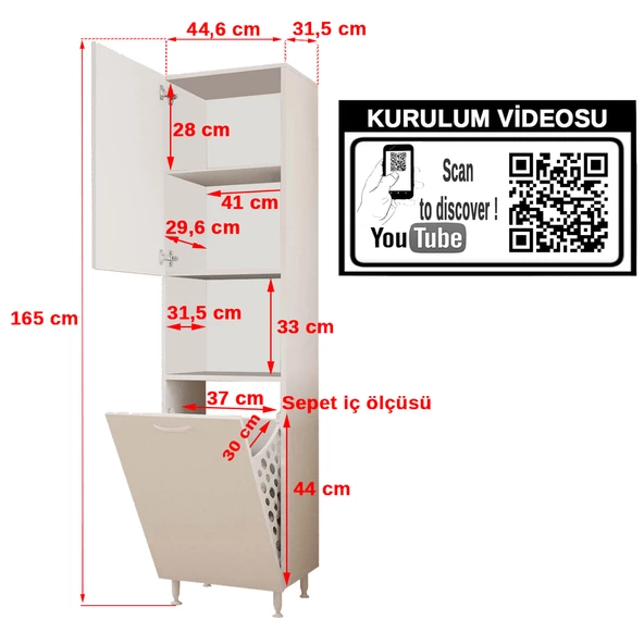 EGE 44,6x165 cm Kirli Çamaşır Sepetli, Erzak, Kiler, Oyuncak Dolabı - 8