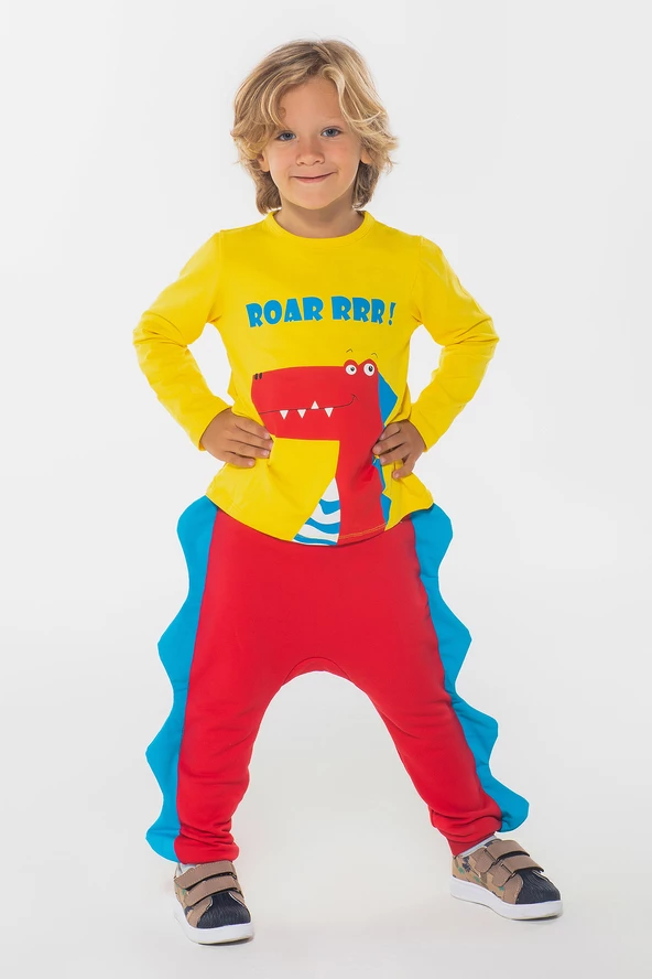 Dinozor Tırtırlı Erkek Çocuk Pantolon Tshirt Alt Üst Takım ZNK-SS-103