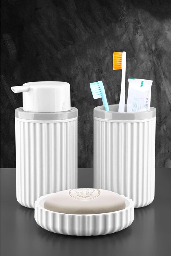 SAS Banyo Takımı Diş Fırçalık Sıvı Sabunluk Katı Sabunluk 3Lü Set BEYAZ