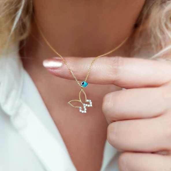 Kadın 925 Ayar Gümüş Nazar Boncuklu Kelebek Kolye ürün görseli