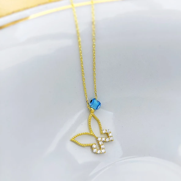 Kadın 925 Ayar Gümüş Nazar Boncuklu Kelebek Kolye - Resim 3