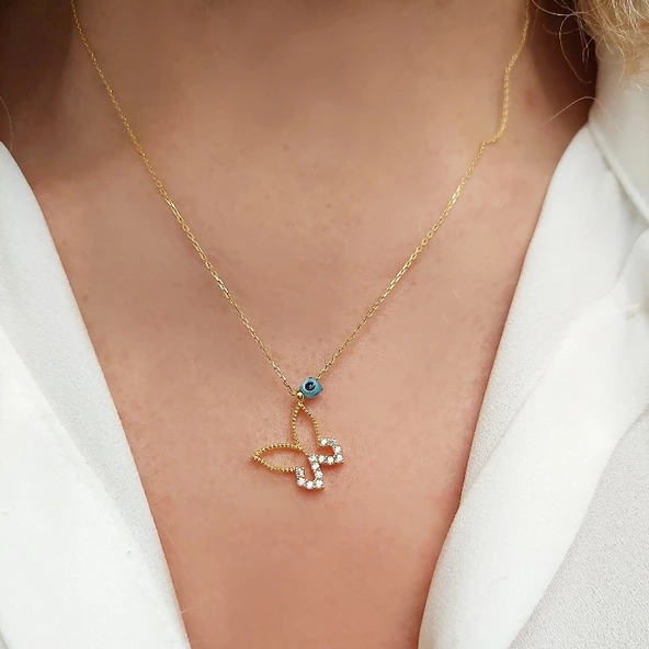 Kadın 925 Ayar Gümüş Nazar Boncuklu Kelebek Kolye - Resim 4