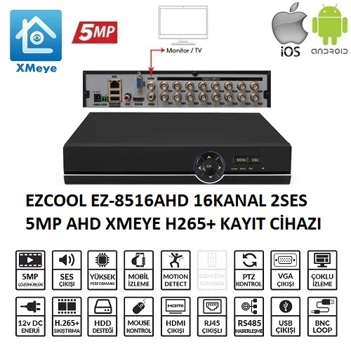 EZCOOL EZ-8516AHD 16 KANAL 5 MP 1HDD XVR KAYIT CİHAZI (XMEYE)