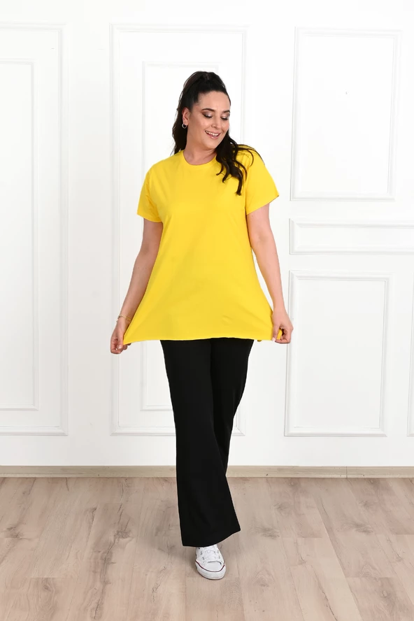 Kadın Bisiklet Yaka Yırtmaç Detaylı Büyük Beden Tshirt 9633-22 - 8