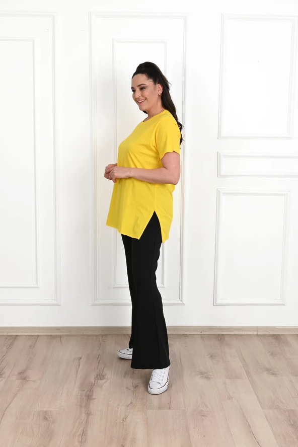 Kadın Bisiklet Yaka Yırtmaç Detaylı Büyük Beden Tshirt 9633-22 - 5