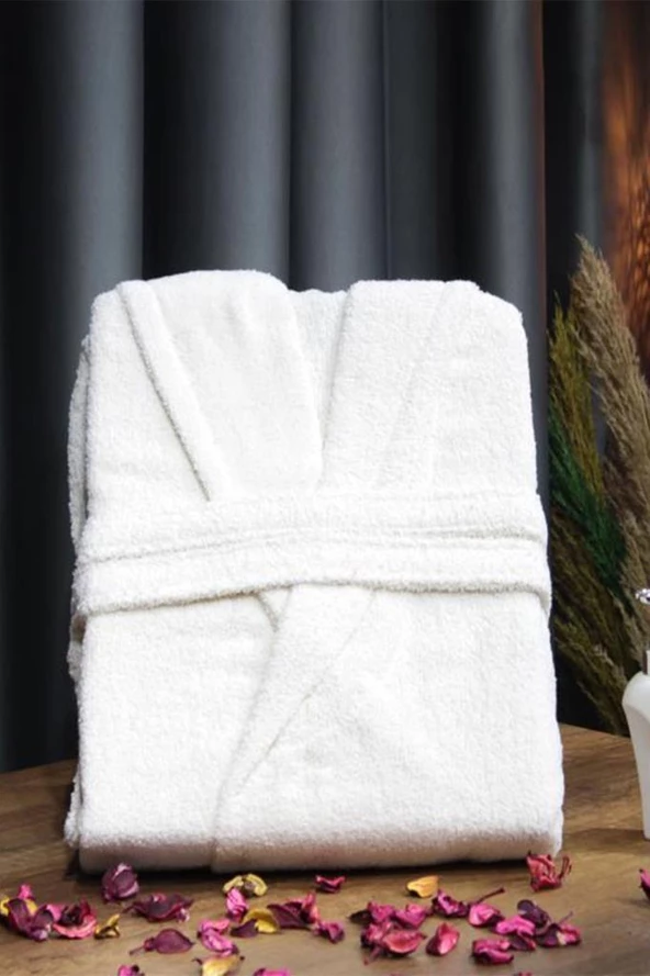 Plain Şal Yaka Büyük Beden Tek Banyo Bornozu Krem - Resim 7