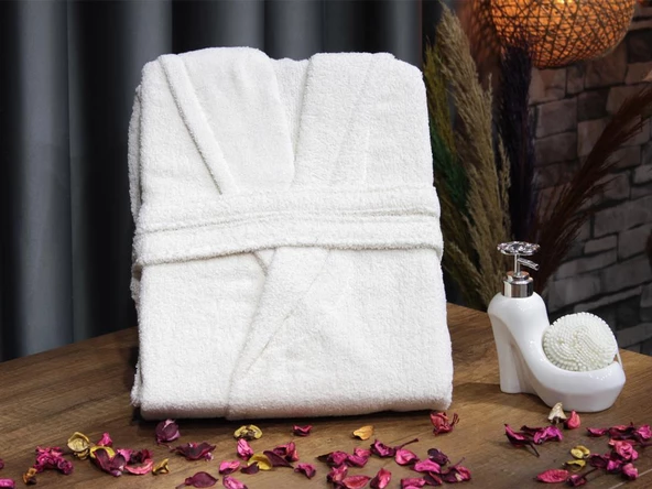 Plain Şal Yaka Büyük Beden Tek Banyo Bornozu Krem - Resim 2