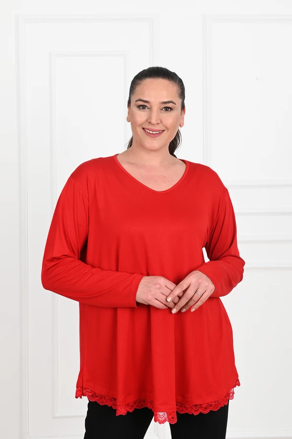 Kadın Etek Ucu Güpür Dantel Detaylı Büyük Beden Bluz 1386-23 - 6