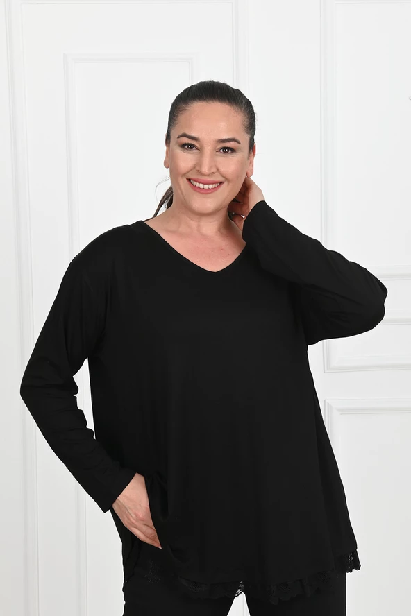 Kadın Güpür Dantelli Büyük Beden Bluz 1386-23 - 5