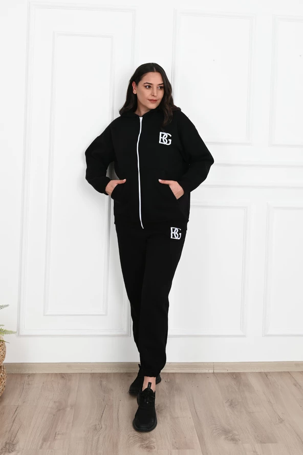 Kadın Fermuarlı Kapüşonlu Üç İplik Şardonlu Büyük Beden Eşofman Takımı 3586-23 - 2