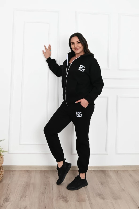 Kadın Fermuarlı Kapüşonlu Üç İplik Şardonlu Büyük Beden Eşofman Takımı 3586-23 - 5