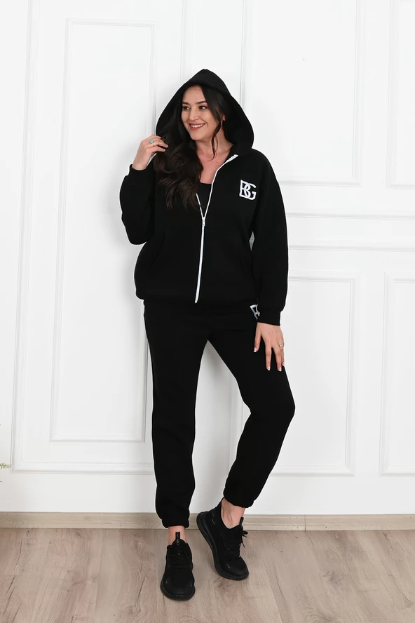 Kadın Fermuarlı Kapüşonlu Üç İplik Şardonlu Büyük Beden Eşofman Takımı 3586-23 - 6