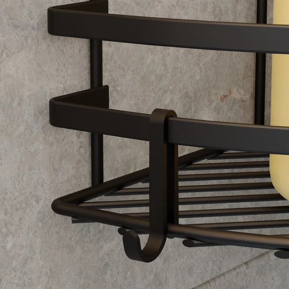 TEKNOTEL İKİ KATLI KANCALI BANYO RAFI MAT SİYAH LM008H - 2