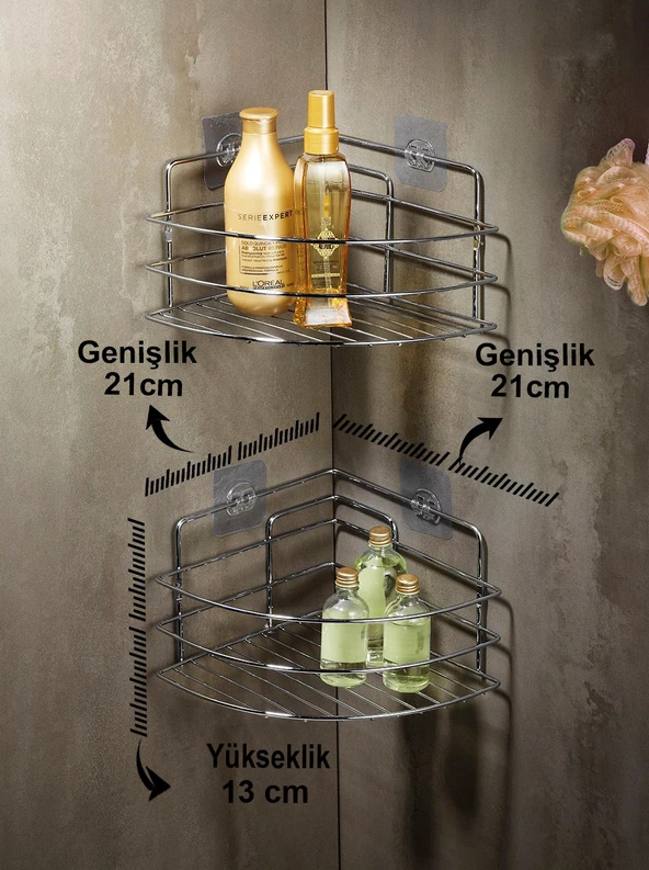 SAS Ömür Boyu Paslanmaz Yapışkanlı Banyo Köşeliği Düzenleyici Şampuanlık Duş Rafı 2 Adet Krom TK-01 - Resim 3