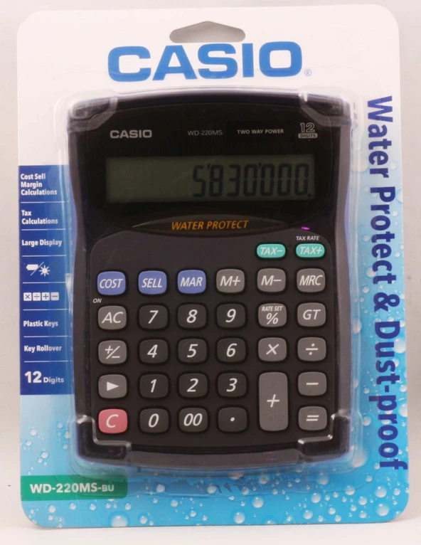 Casio WD-220MS-BU 12 Hane Suya-Toza Dayanıklı Masa Üstü Hesap Makinesi