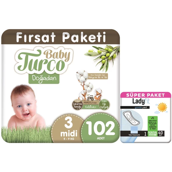 Baby Turco Doğadan Fırsat Paketi Bebek Bezi 3 Numara Midi 102 Adet + Günlük Ped Normal 40 Adet