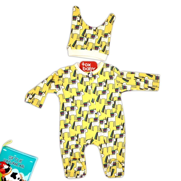 (2 Parça) Unicorn Baskılı Fermuarlı Sarı Bebek Tulum (0,3 Ay)