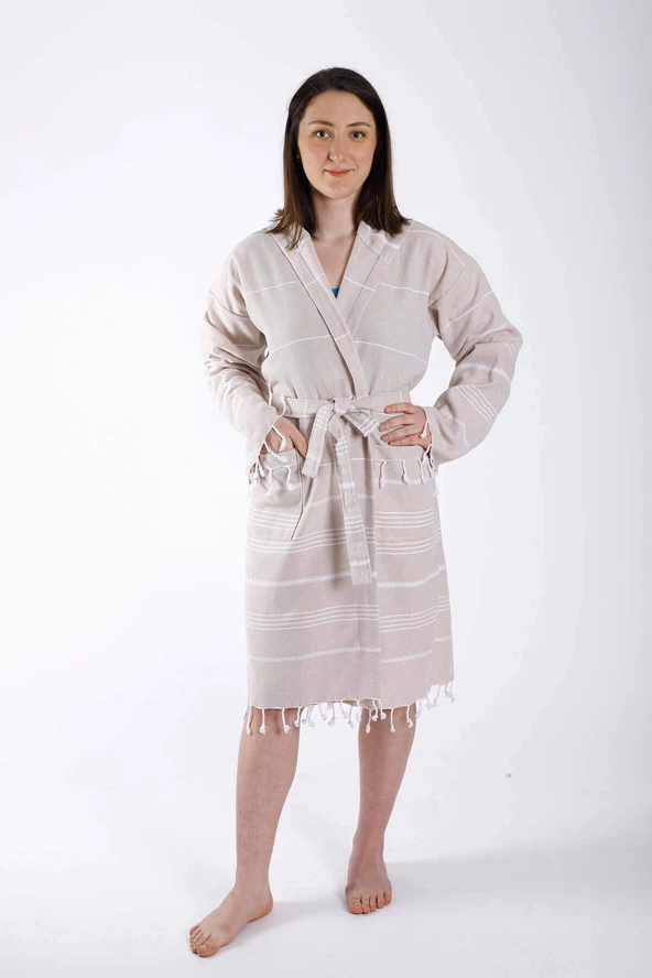 Kapüşonlu Kadın / Erkek Peştemal Bornoz Soft %100 Pamuklu Natural - 10