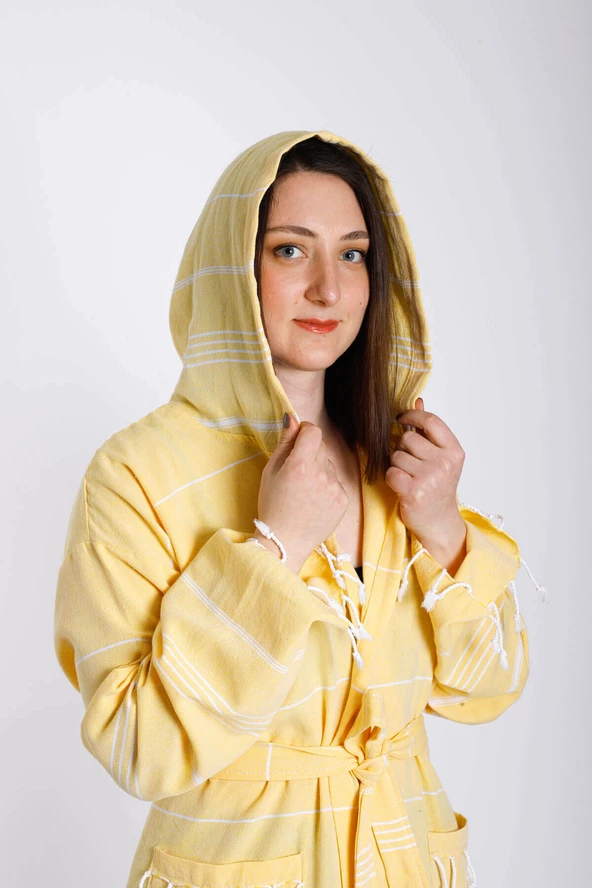 Kapüşonlu Kadın / Erkek Peştemal Bornoz Soft %100 Pamuklu Natural - 7