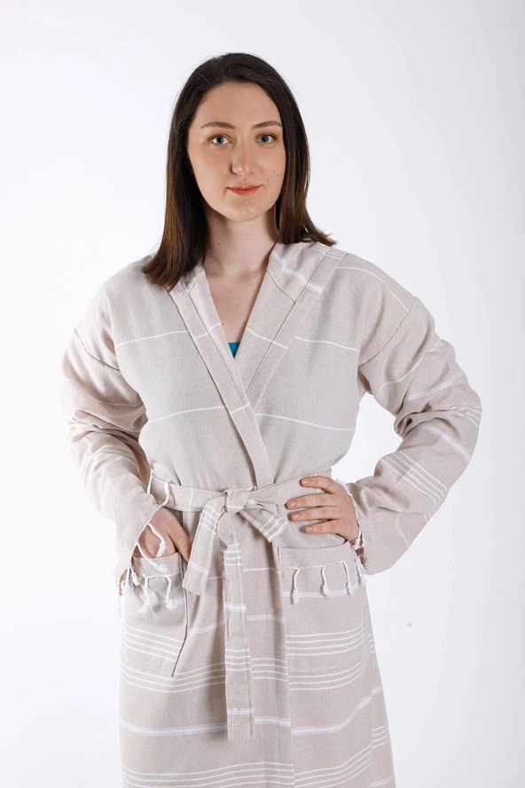 Kapüşonlu Kadın / Erkek Peştemal Bornoz Soft %100 Pamuklu Natural - 11