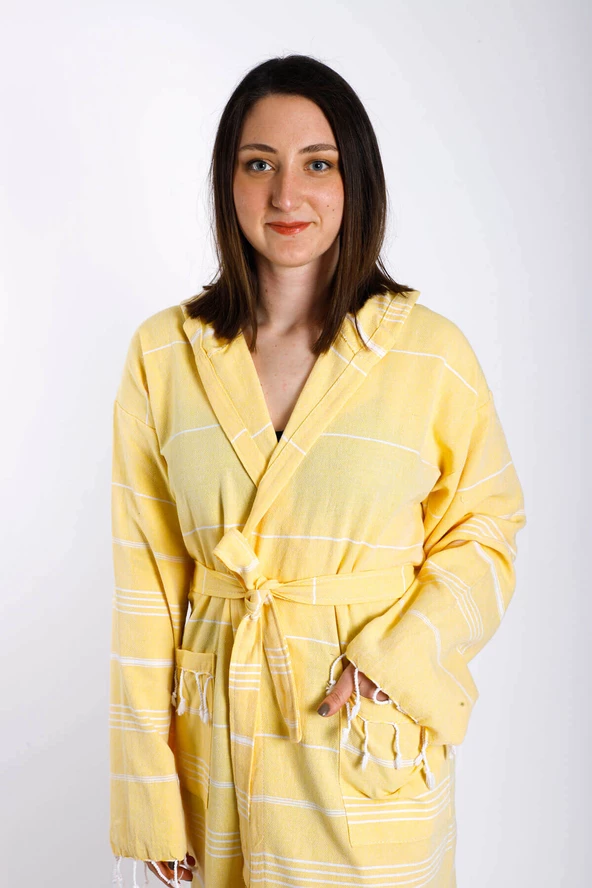 Kapüşonlu Kadın / Erkek Peştemal Bornoz Soft %100 Pamuklu Natural - 5