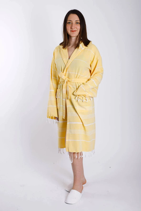 Kapüşonlu Kadın / Erkek Peştemal Bornoz Soft %100 Pamuklu Natural - 4