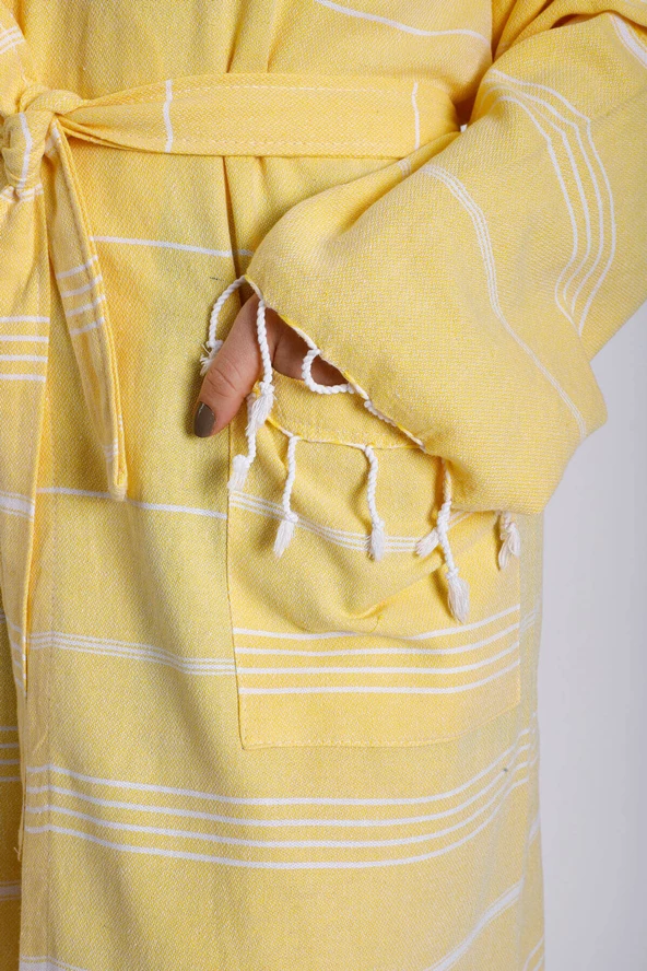 Kapüşonlu Kadın / Erkek Peştemal Bornoz Soft %100 Pamuklu Natural - 6