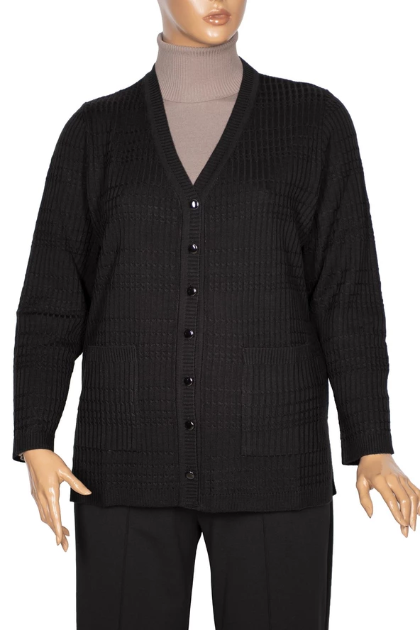 Hesna Kadın Nilay Anne Cepli Düğmeli Siyah Triko Hırka Ceket