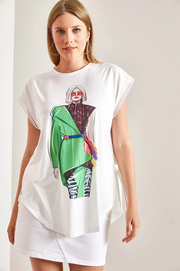 Kadın Yandan Bağlamalı Kadın Baskılı Tshirt - 5