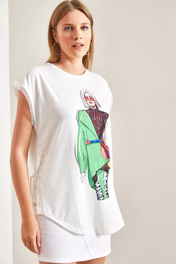 Kadın Yandan Bağlamalı Kadın Baskılı Tshirt - 6
