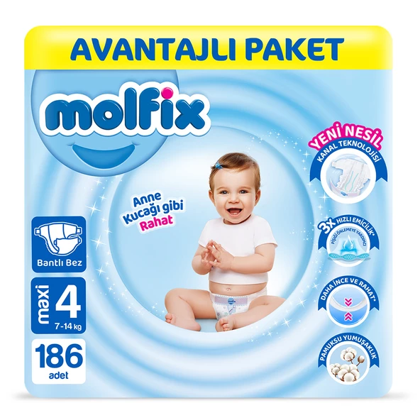 Molfix Bebek Bezi 4 Beden Maxi Avantajlı Paket 186 Adet