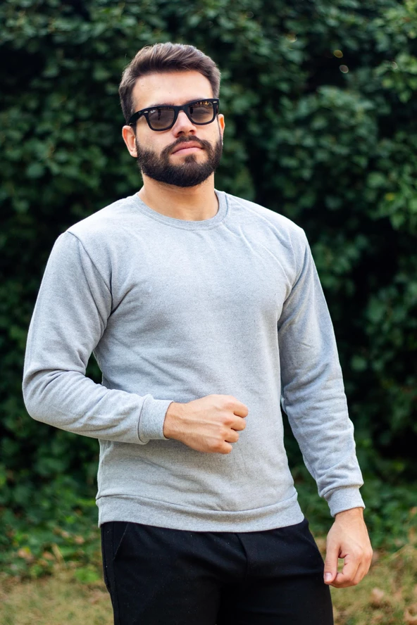 Erkek Gri Baskısız Düz Basic Oversize Bisiklet Yaka Uzun Kollu Kalın Sweatshirt 23ESWTUDUZ