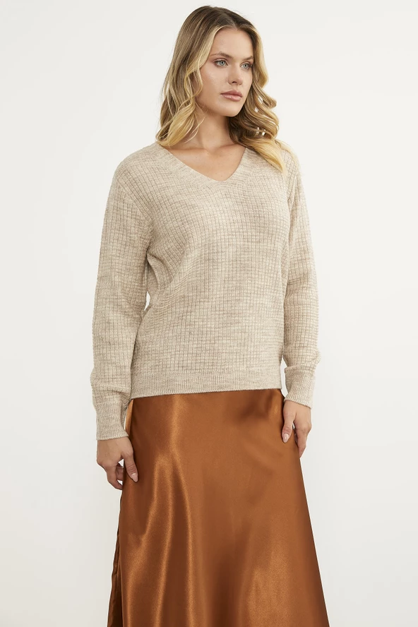 Petek Örgü V Yaka Triko Kazak - Bej - Resim 3