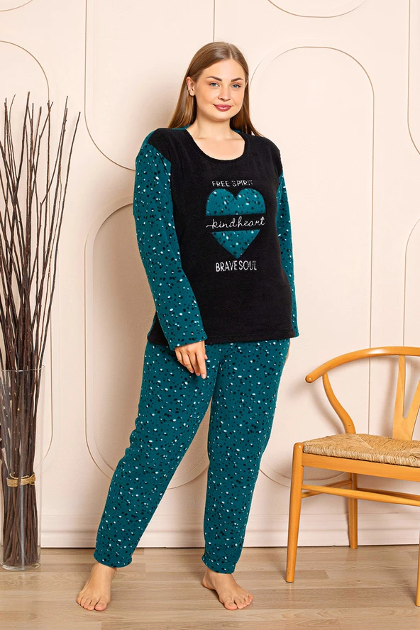 Nisanca Büyük Beden Peluş Polar Pijama Takımı- Kışlık Büyük Beden Kadın Pijama - 9