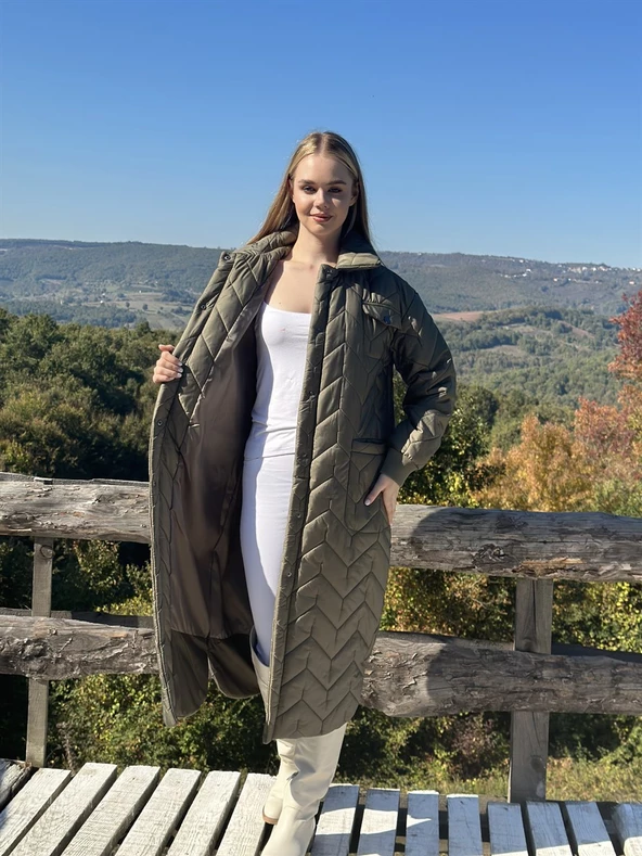 KADIN ŞİŞME UZUN KABAN HAKİ - BUTİK ESRA KANDEMİR 41105 - Resim 4