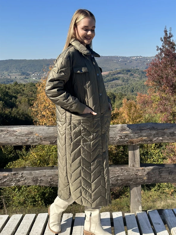 KADIN ŞİŞME UZUN KABAN HAKİ - BUTİK ESRA KANDEMİR 41105 - Resim 6