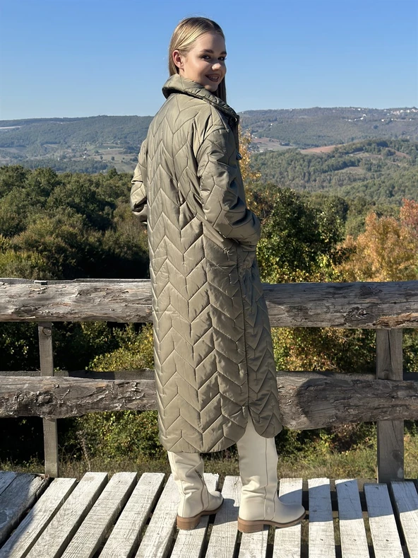 KADIN ŞİŞME UZUN KABAN HAKİ - BUTİK ESRA KANDEMİR 41105 - Resim 5