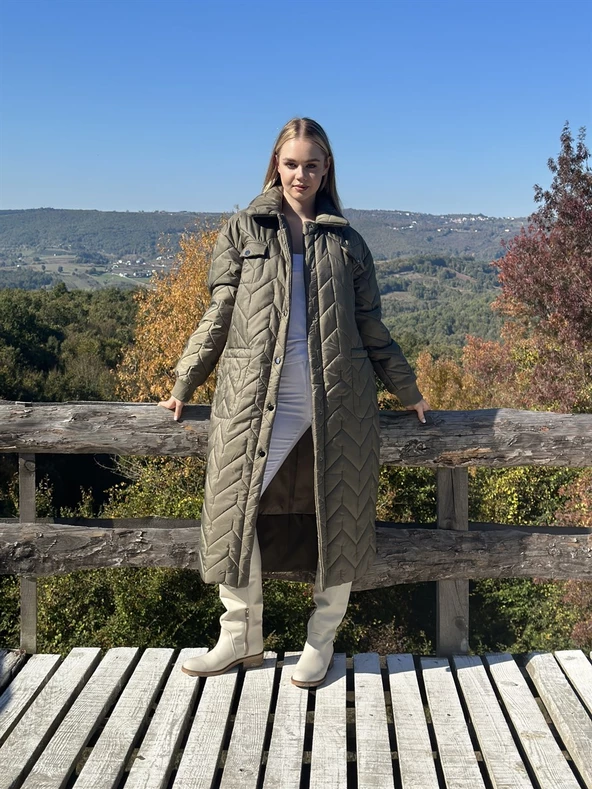 KADIN ŞİŞME UZUN KABAN HAKİ - BUTİK ESRA KANDEMİR 41105 - Resim 8