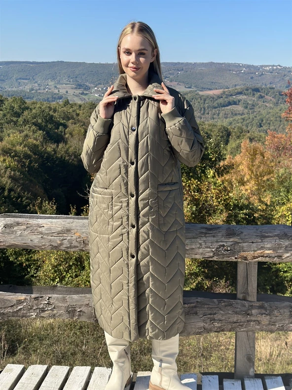 KADIN ŞİŞME UZUN KABAN HAKİ - BUTİK ESRA KANDEMİR 41105 - Resim 7