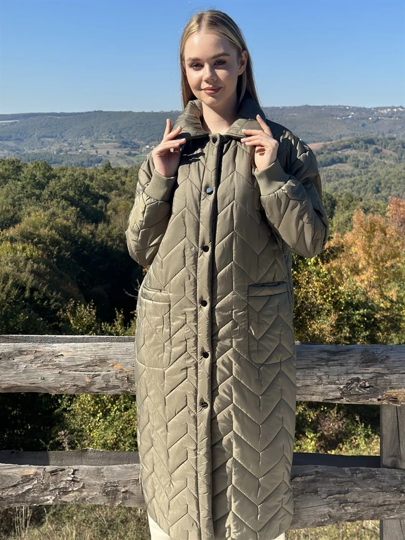 KADIN ŞİŞME UZUN KABAN HAKİ - BUTİK ESRA KANDEMİR 41105 - Resim 3