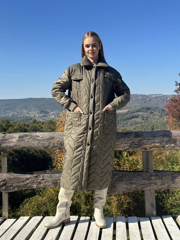 KADIN ŞİŞME UZUN KABAN HAKİ - BUTİK ESRA KANDEMİR 41105 - Resim 2