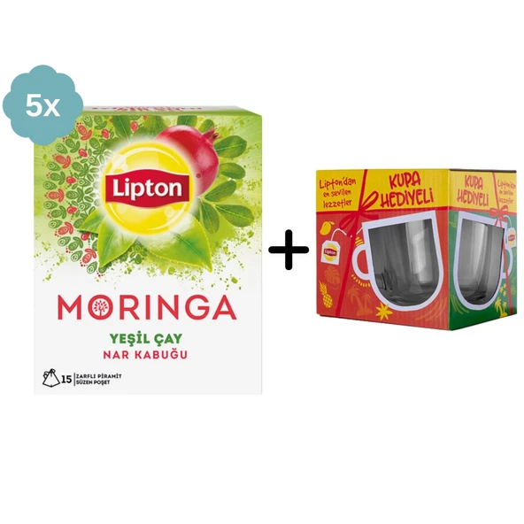 Lipton Moringa Nar Kabuğu Bardak Bitki Çayı x 5 Adet + Hediye Lipton Cam Kupa