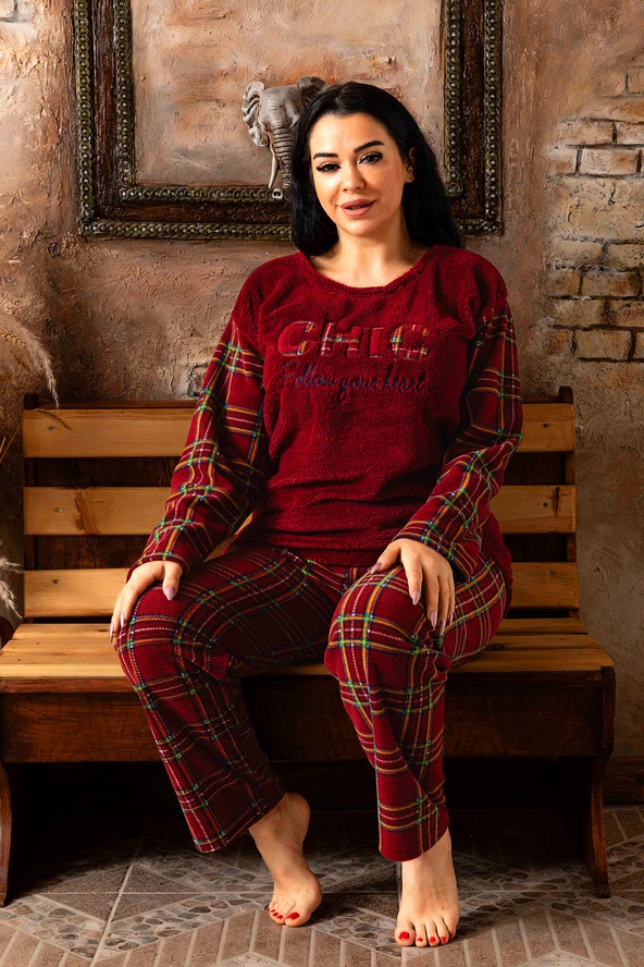 Nisanca Büyük Beden Peluş Polar Pijama Takımı- Kışlık Büyük Beden Kadın Pijama - 7