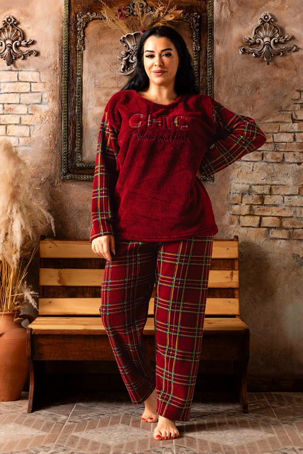 Nisanca Büyük Beden Peluş Polar Pijama Takımı- Kışlık Büyük Beden Kadın Pijama - 8