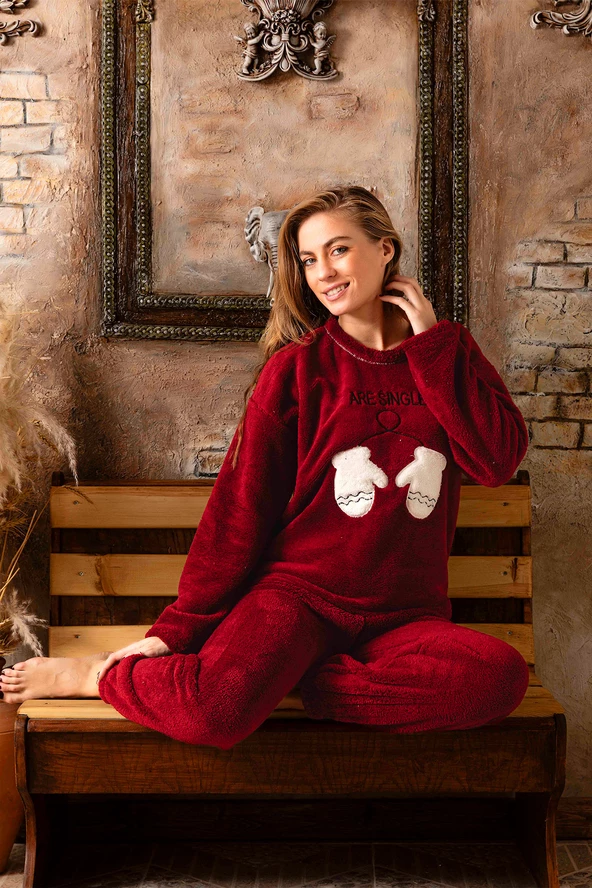 Nisanca Tam Peluş Kışlık Kadın Pijama Takımı- Polar Yılbaşı Pijaması - 11