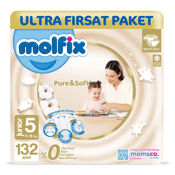 Molfix Pure & Soft Bebek Bezi 5 Beden Junior 132 Adet